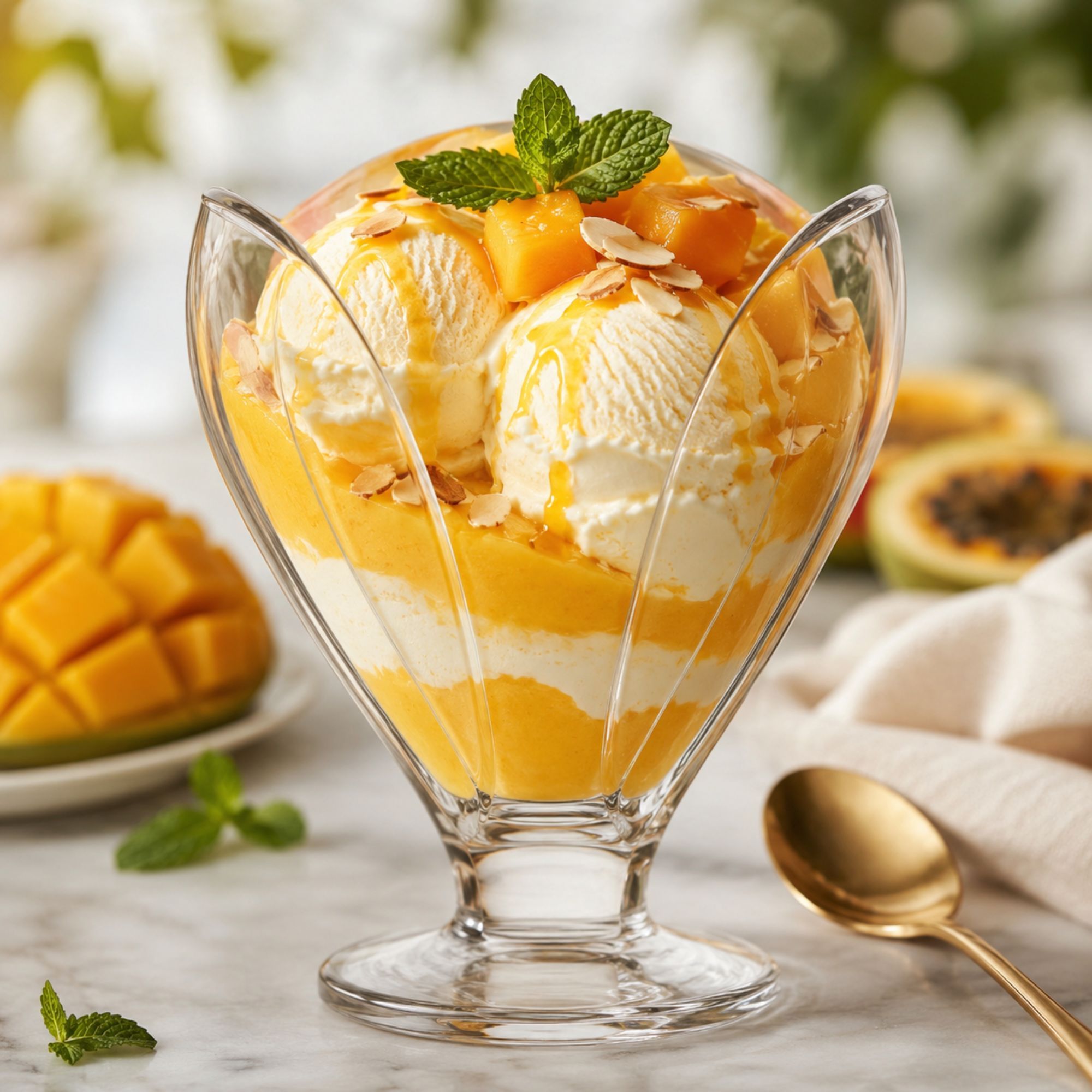 Desery na zimno z mango i lodami waniliowymi podane w szklanym pucharku